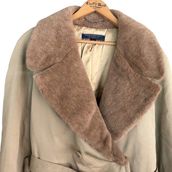 Brooks Brothers Mens Vintage Trench Coat 46 Large Tan Khaki Fur Double Breasted - Picture 8 of 8